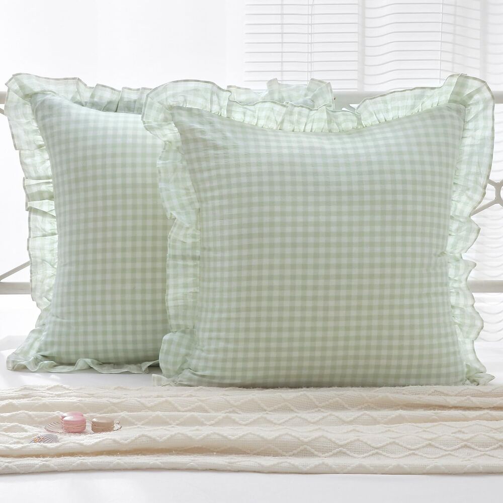 Light Green Gingham Ruffle Accent Pillow - Brand